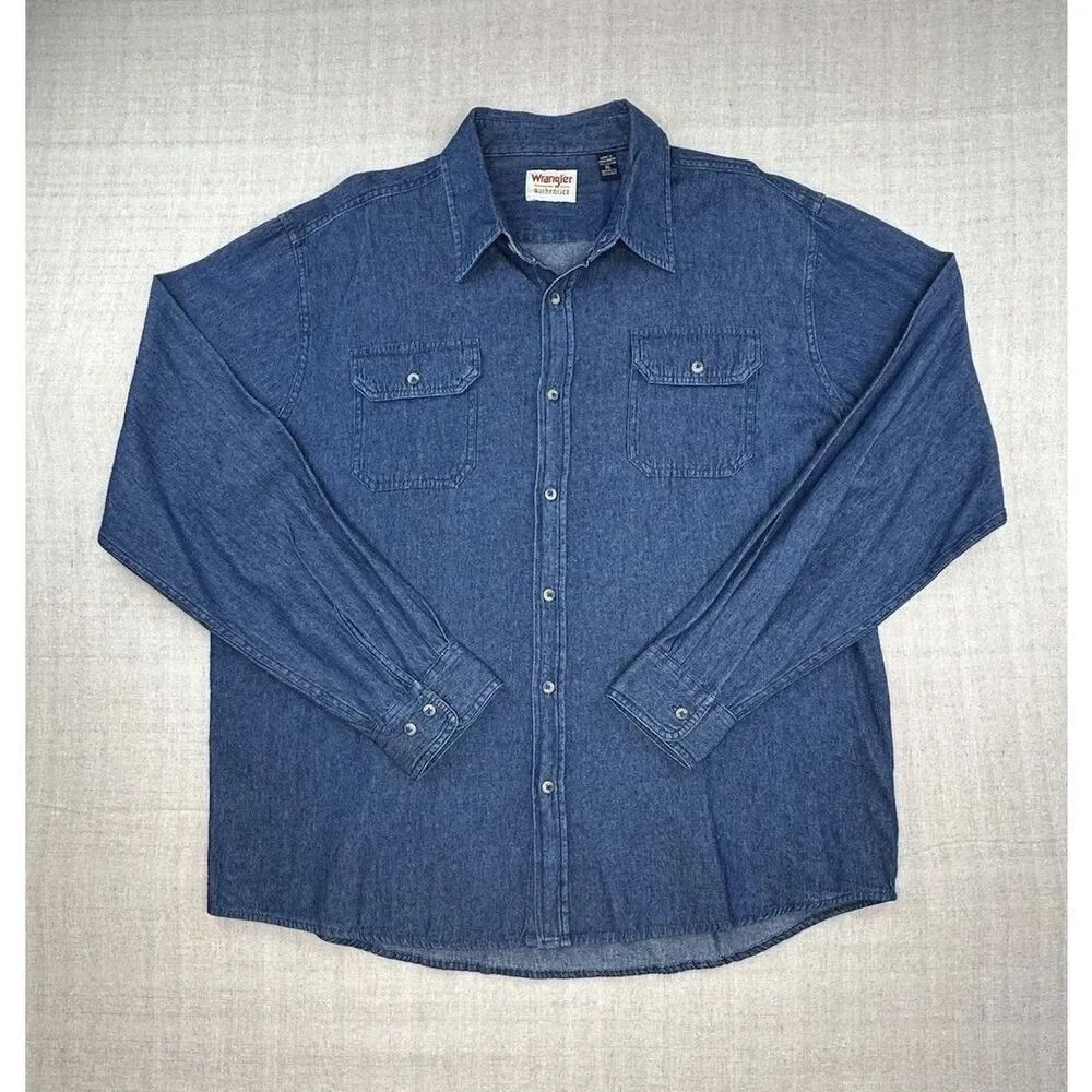 Wrangler Mens Denim XL Long Sleeve Medium Wash Blue Cotton Button Up Epic Soft